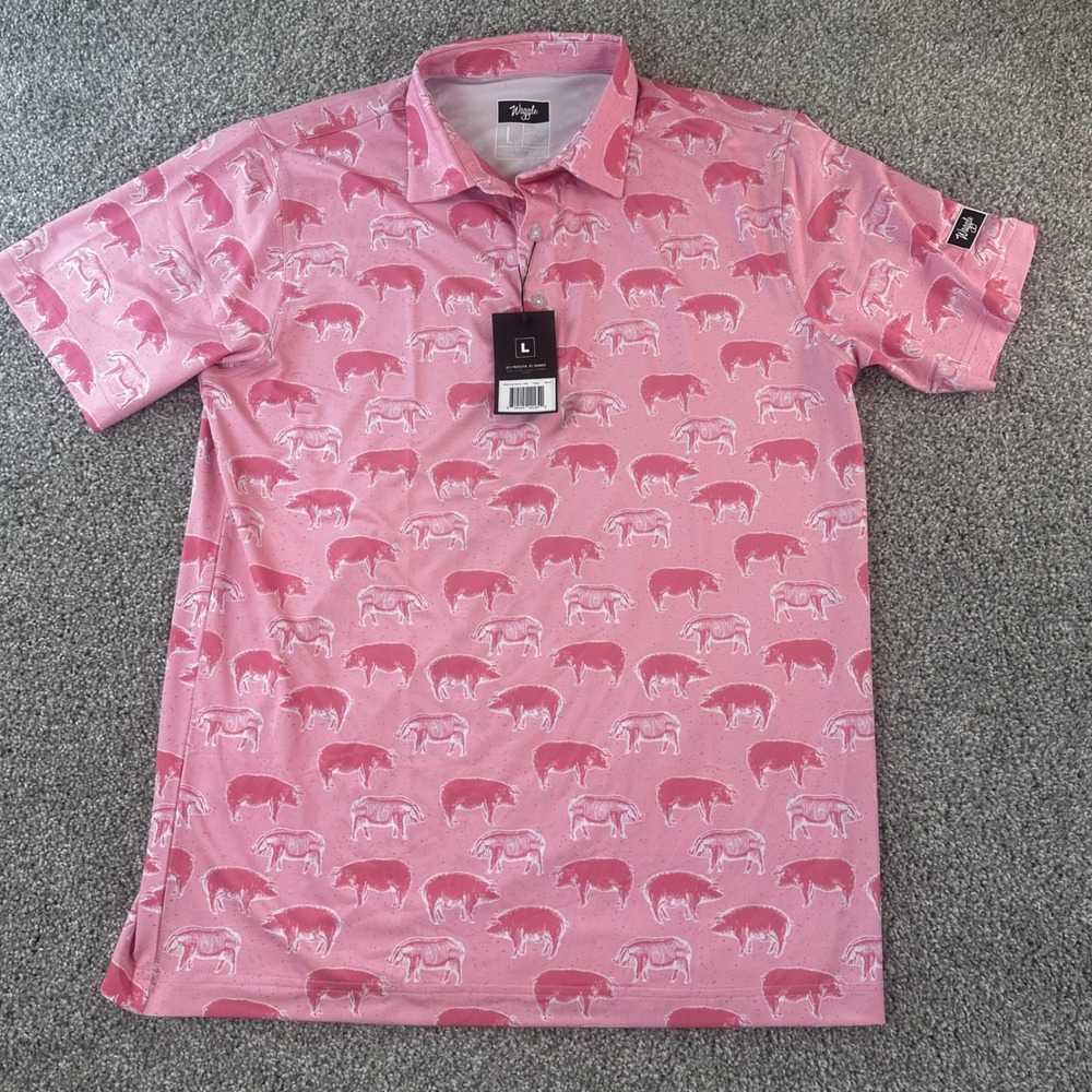 Waggle Hog Heaven Polo Mens Large Pink Pig Print Performance Golf Shirt NEW - Picture 2 of 6